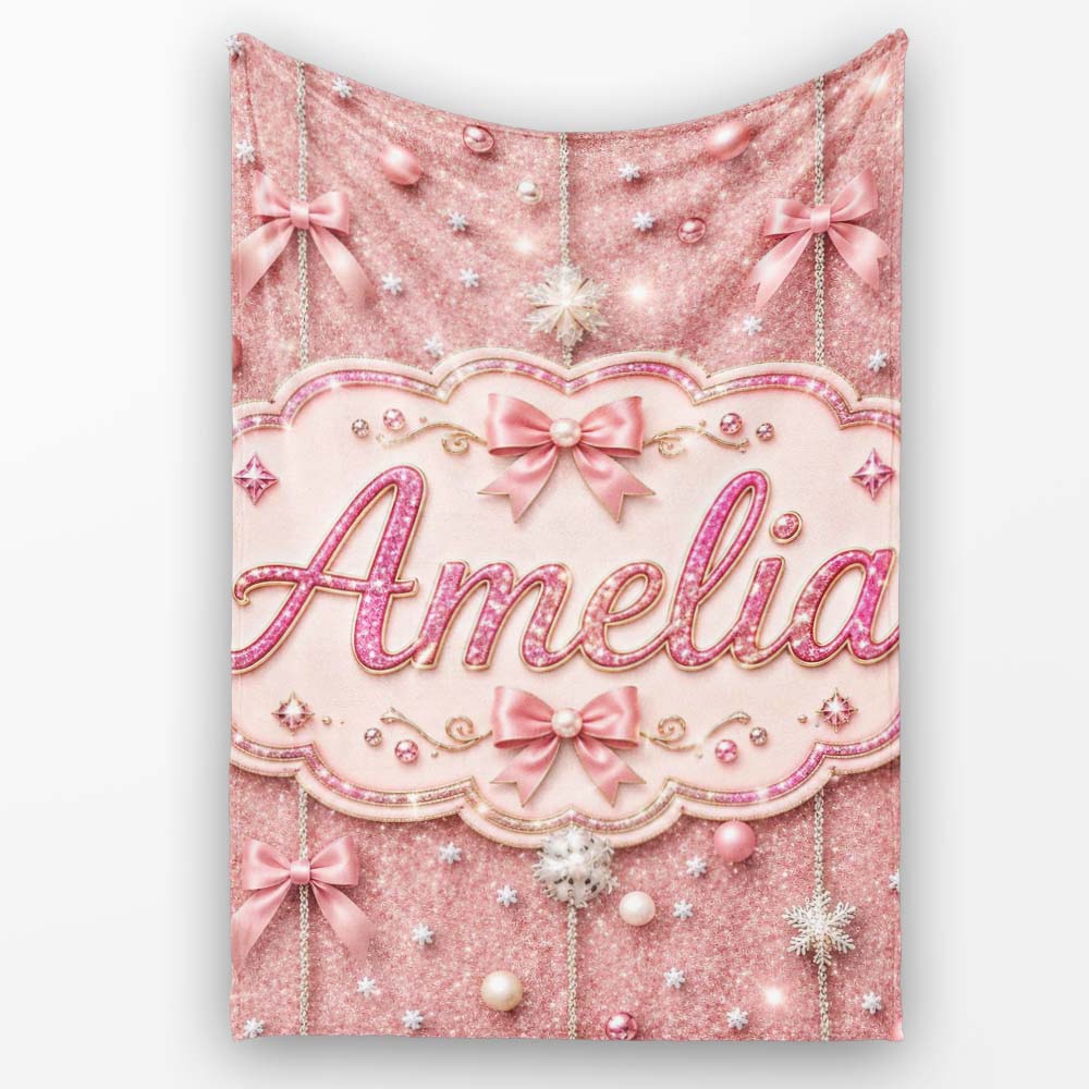 Luxury Pink Glitter Bow Snowflake Ornament Seamless Pattern Lovely Personalised Custom Name Super Soft Fleece Blanket Bed Sofa Throw