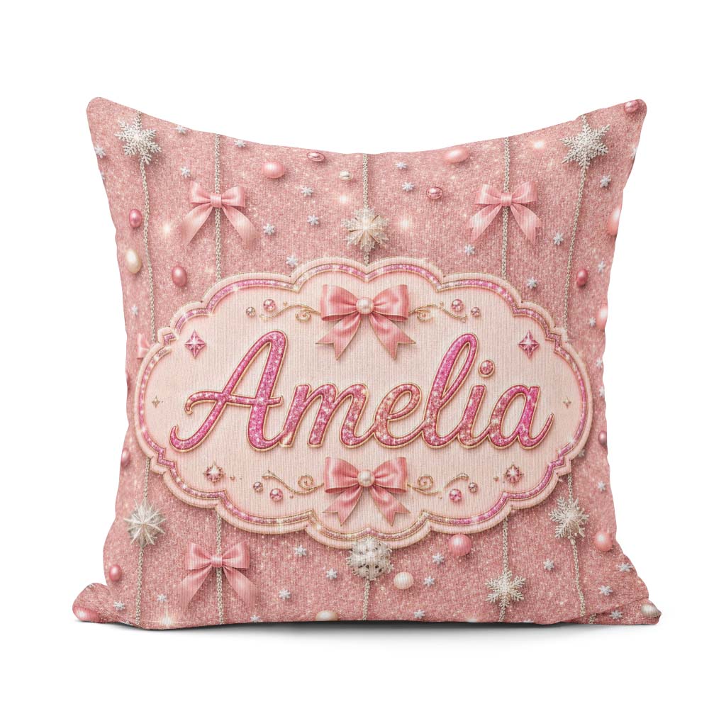 Custom Name Pink Glitter Bow Snowflake Ornament Seamless Pattern Square Filled Cushion Throw Pillow Sofa Bed Home Decor Zip Washable UK Made