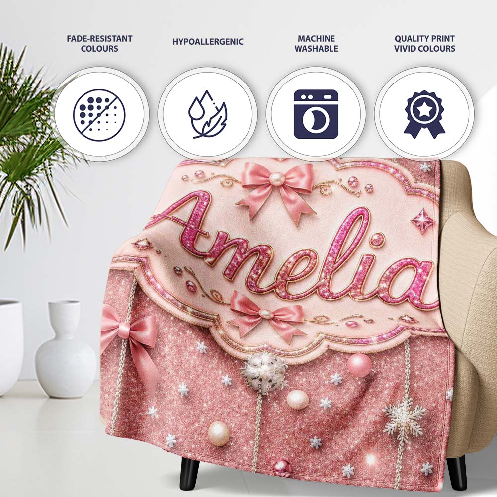 Luxury Pink Glitter Bow Snowflake Ornament Seamless Pattern Lovely Personalised Custom Name Super Soft Fleece Blanket Bed Sofa Throw