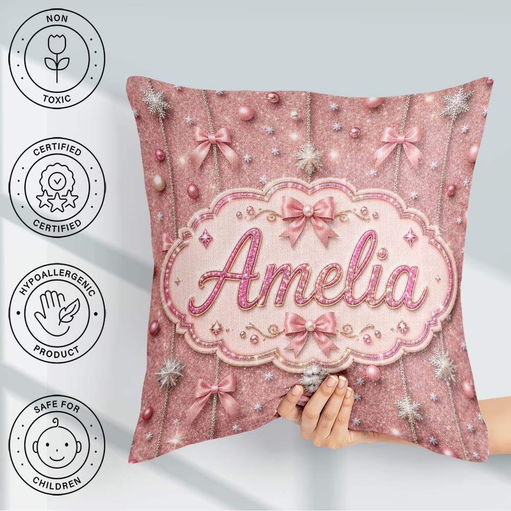 Custom Name Pink Glitter Bow Snowflake Ornament Seamless Pattern Square Filled Cushion Throw Pillow Sofa Bed Home Decor Zip Washable UK Made