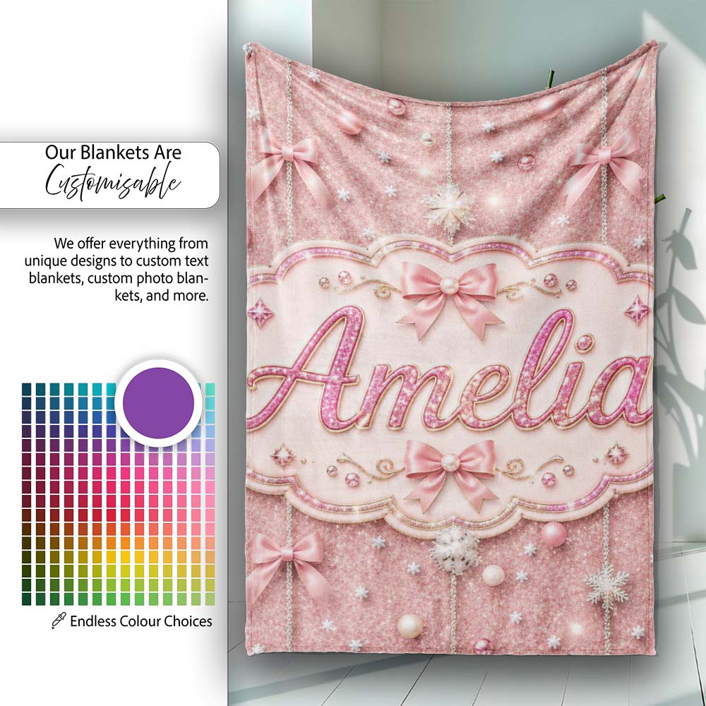 Luxury Pink Glitter Bow Snowflake Ornament Seamless Pattern Lovely Personalised Custom Name Super Soft Fleece Blanket Bed Sofa Throw