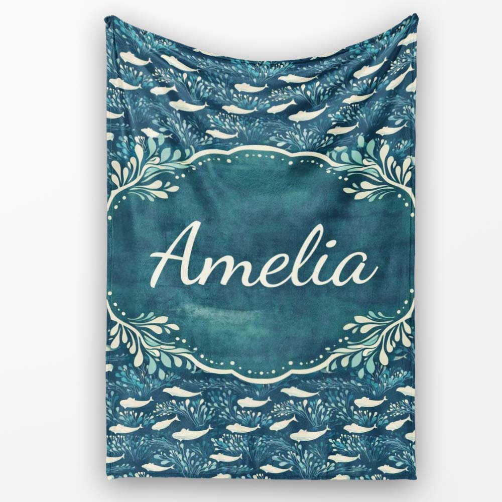 Dark Blue Whale Seamless Pattern Ocean Marine Animal Silhouette Personalised Custom Name Super Soft Fleece Blanket Bed Sofa Throw
