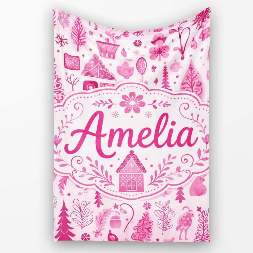 Cute Pink Christmas Folk Art Tree House Floral Seamless Pattern Personalised Custom Name Super Soft Fleece Blanket Bed Sofa Throw