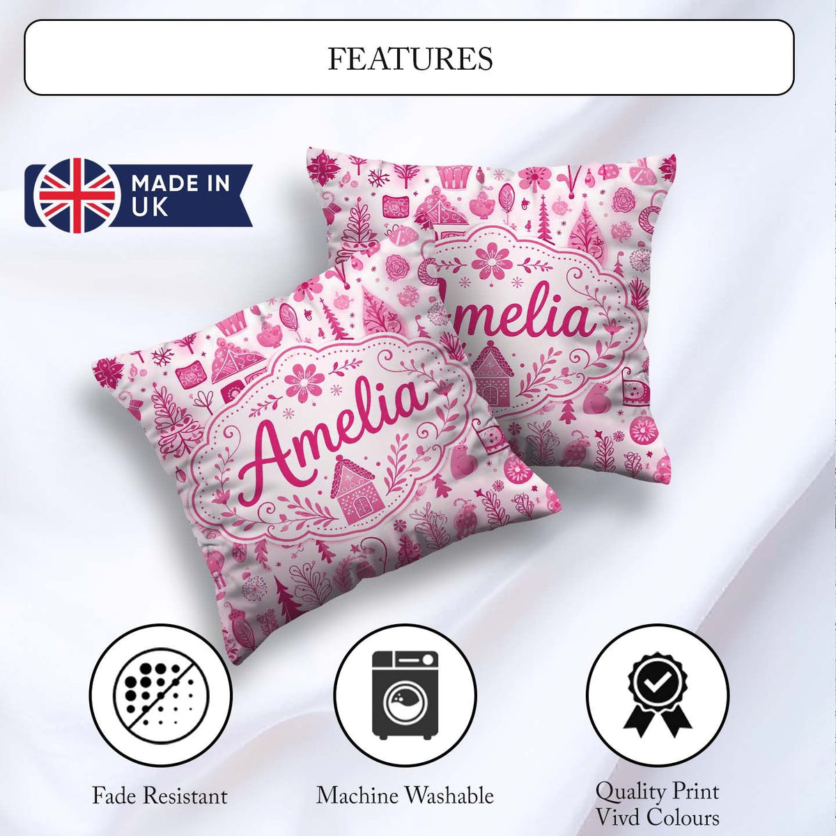 Custom Name Pink Christmas Folk Art Tree Floral Seamless Pattern Square Filled Cushion Throw Pillow Sofa Bed Home Decor Zip Washable UK Made