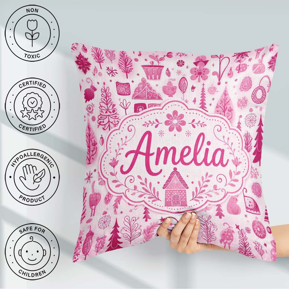 Custom Name Pink Christmas Folk Art Tree Floral Seamless Pattern Square Filled Cushion Throw Pillow Sofa Bed Home Decor Zip Washable UK Made