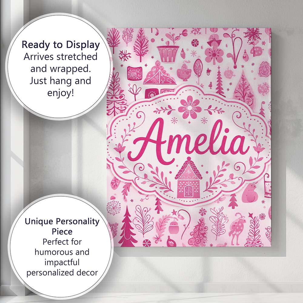 Personalised Name Cute Pink Christmas Folk Custom Unique Gift Idea Elegant Feature Canvas Wall Art Print Decor Picture Ready to Hang
