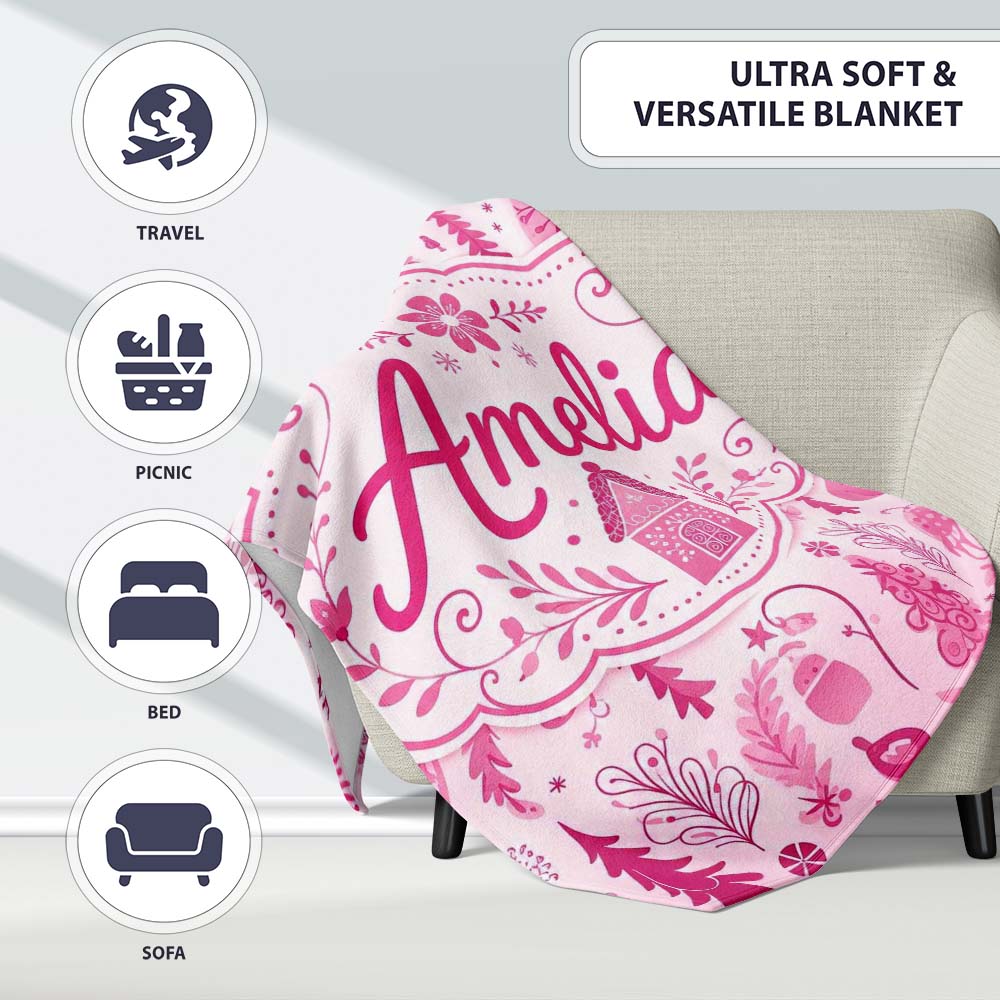Cute Pink Christmas Folk Art Tree House Floral Seamless Pattern Personalised Custom Name Super Soft Fleece Blanket Bed Sofa Throw