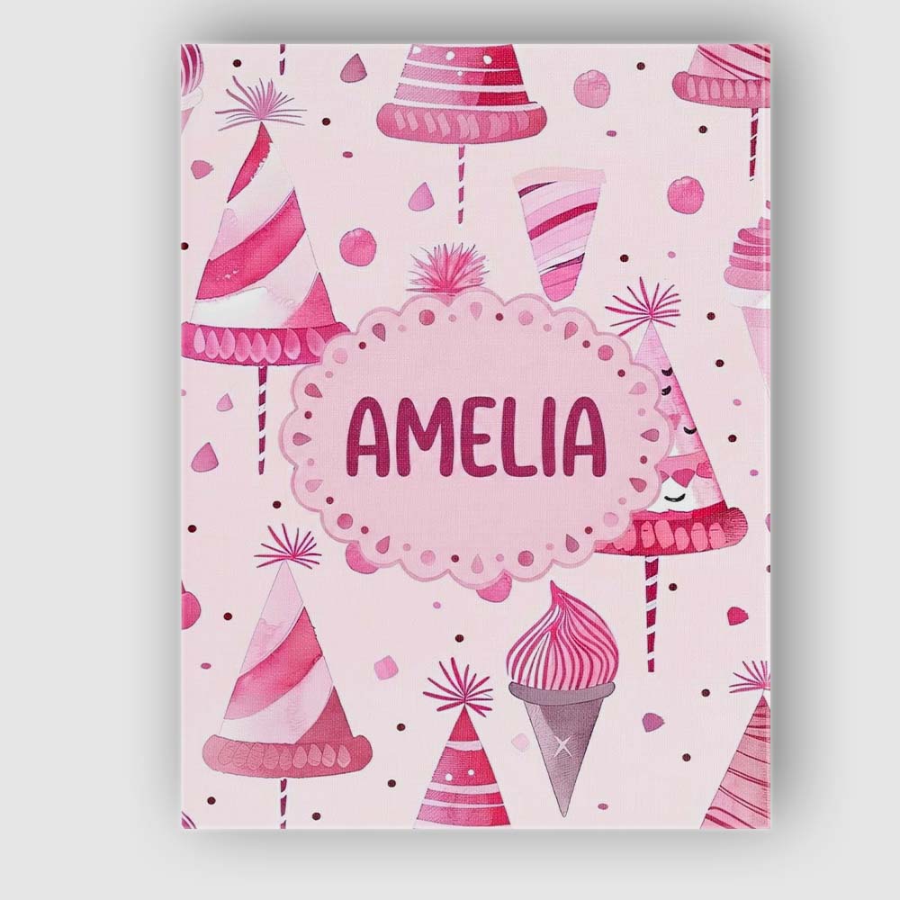 Personalised Name Cute Pink Party Hat Sweet Custom Bespoke Interior Contemporary Canvas Wall Art Print Decor Picture Ready to Hang