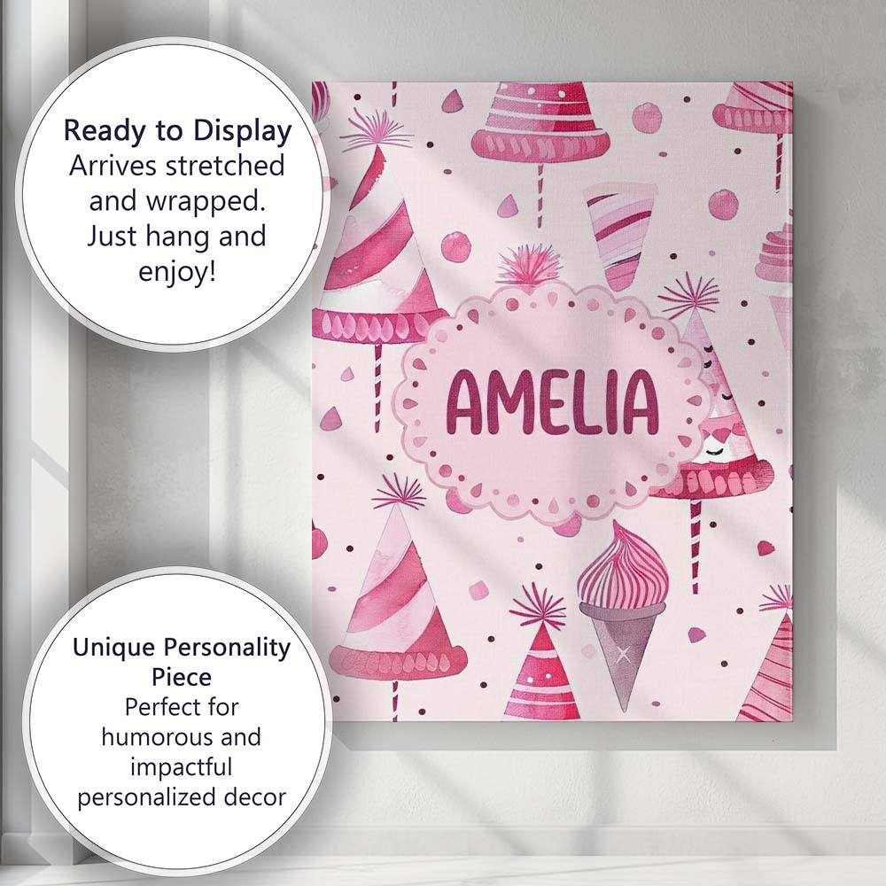 Personalised Name Cute Pink Party Hat Sweet Custom Bespoke Interior Contemporary Canvas Wall Art Print Decor Picture Ready to Hang