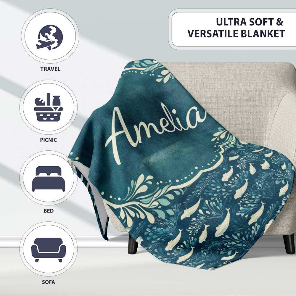 Dark Blue Whale Seamless Pattern Ocean Marine Animal Silhouette Personalised Custom Name Super Soft Fleece Blanket Bed Sofa Throw