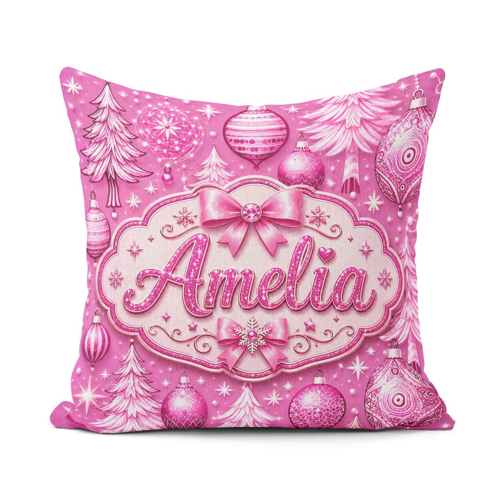 Custom Name Elegant Pink Christmas Tree Ornament Winter Seamless Square Filled Cushion Throw Pillow Sofa Bed Home Decor Zip Washable UK Made