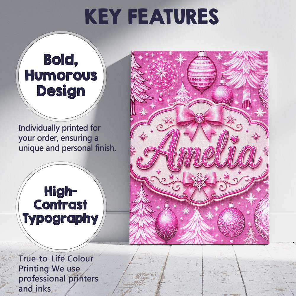 Personalised Name Elegant Pink Christmas Custom Interior Decorative Contemporary Canvas Wall Art Print Decor Picture Ready to Hang