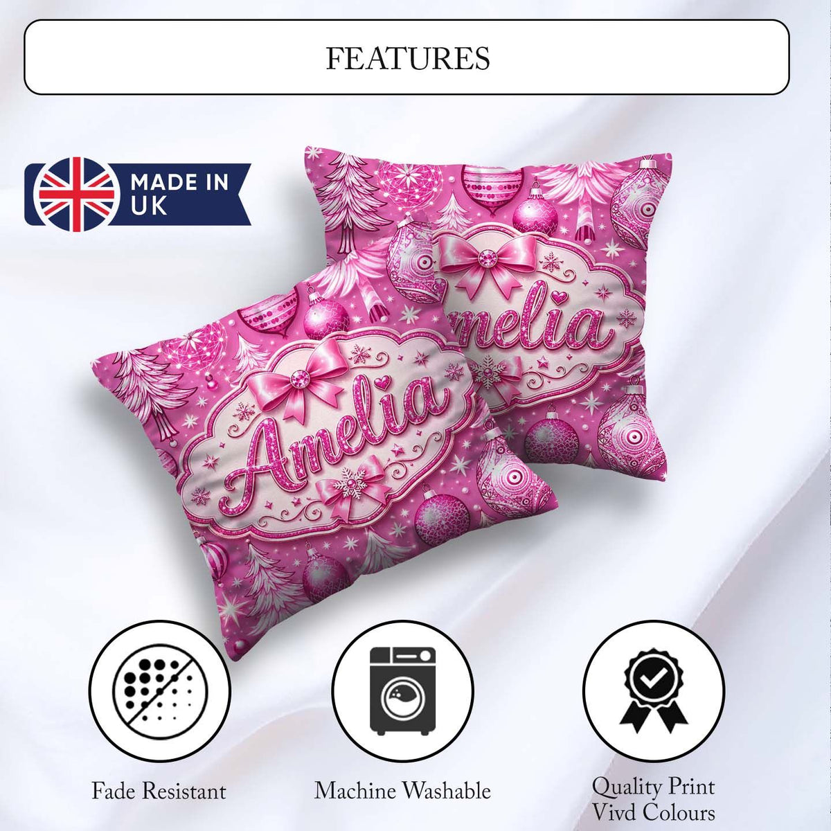 Custom Name Elegant Pink Christmas Tree Ornament Winter Seamless Square Filled Cushion Throw Pillow Sofa Bed Home Decor Zip Washable UK Made
