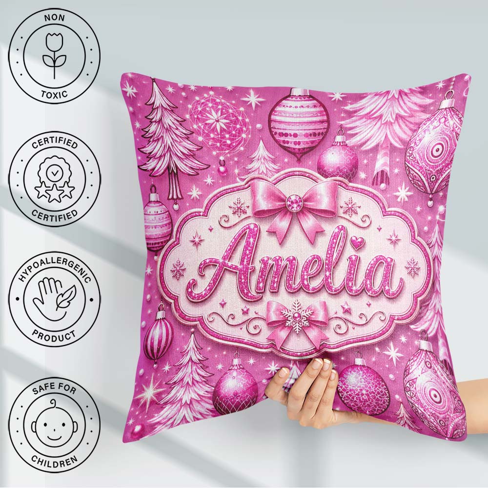 Custom Name Elegant Pink Christmas Tree Ornament Winter Seamless Square Filled Cushion Throw Pillow Sofa Bed Home Decor Zip Washable UK Made