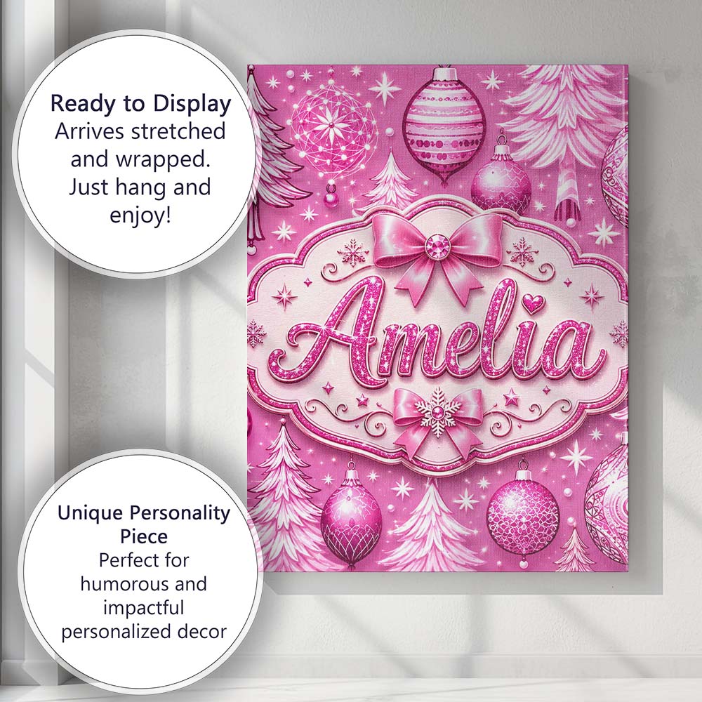 Personalised Name Elegant Pink Christmas Custom Interior Decorative Contemporary Canvas Wall Art Print Decor Picture Ready to Hang