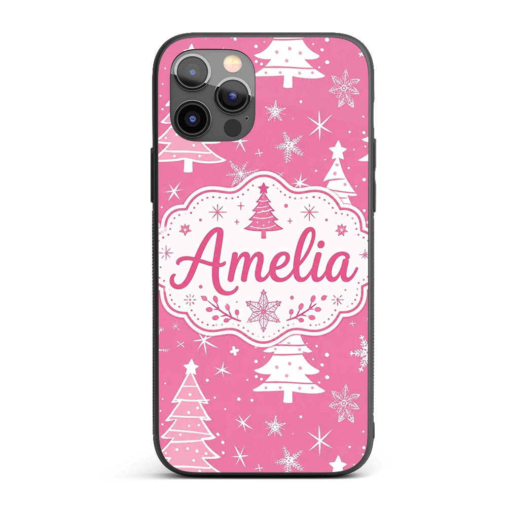 Pink White Christmas Tree Snowflake Star Seamless Custom Name Protective Phone Case Mobile Cover Durable Everyday Smartphone Shock Resistant