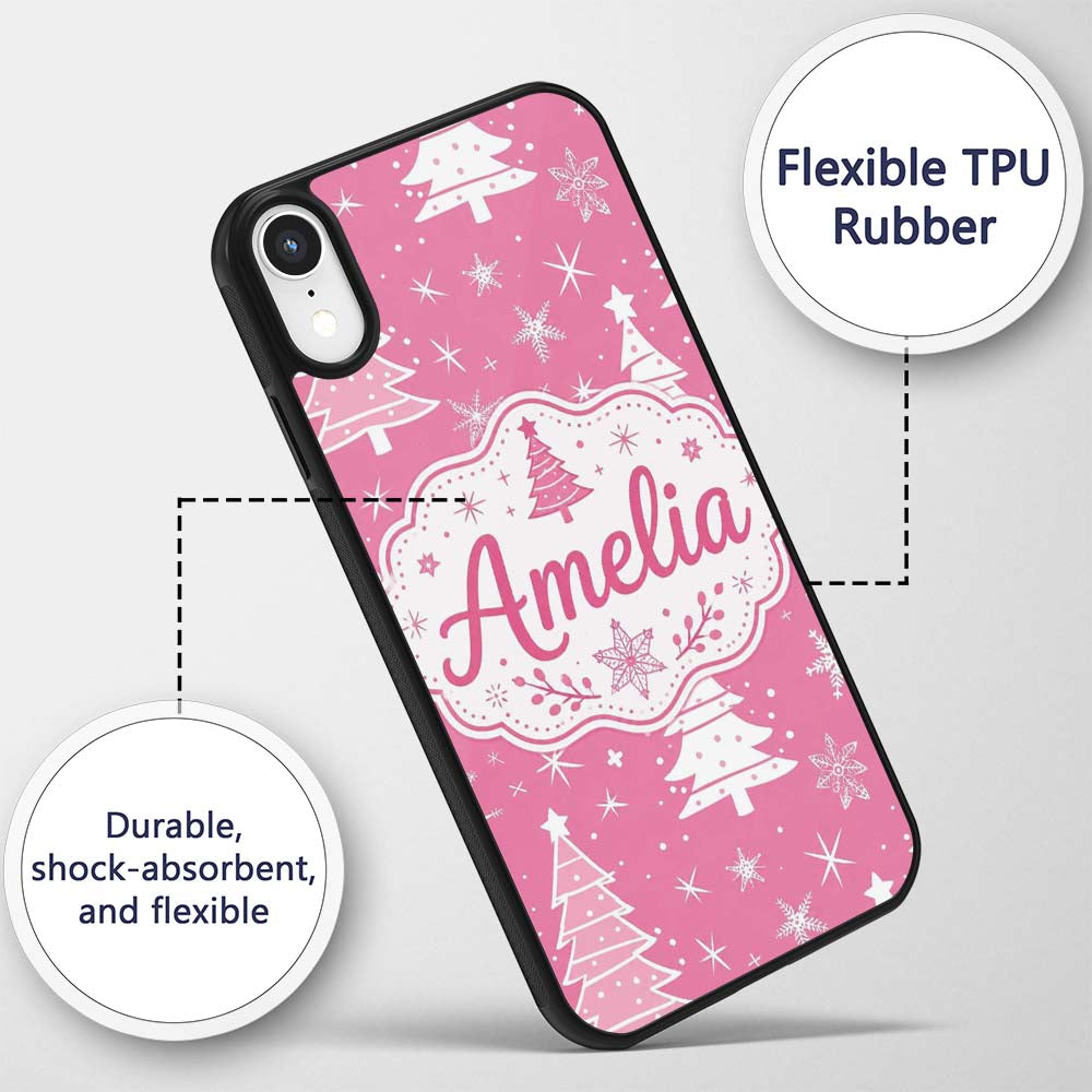 Pink White Christmas Tree Snowflake Star Seamless Custom Name Protective Phone Case Mobile Cover Durable Everyday Smartphone Shock Resistant