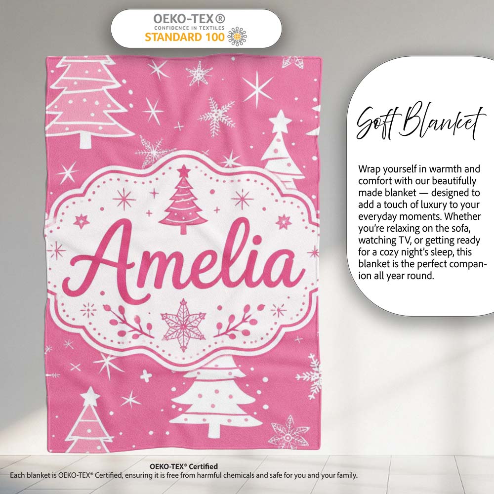 Pink White Christmas Tree Snowflake Star Seamless Pattern Lovely Personalised Custom Name Super Soft Fleece Blanket Bed Sofa Throw