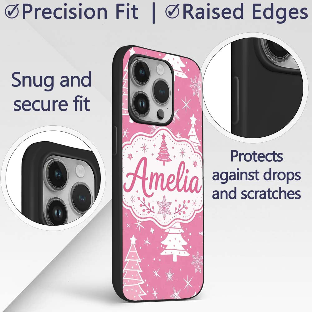 Pink White Christmas Tree Snowflake Star Seamless Custom Name Protective Phone Case Mobile Cover Durable Everyday Smartphone Shock Resistant