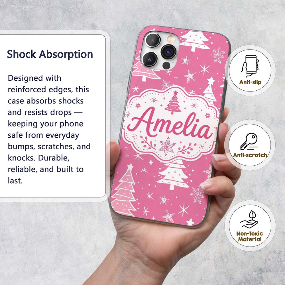 Pink White Christmas Tree Snowflake Star Seamless Custom Name Protective Phone Case Mobile Cover Durable Everyday Smartphone Shock Resistant