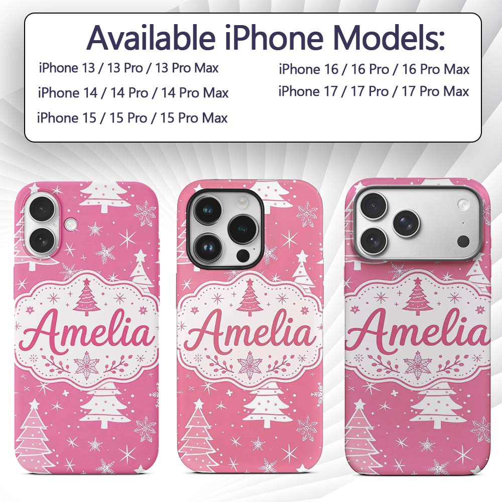 Pink White Christmas Tree Snowflake Star Seamless Custom Name Protective Phone Case Mobile Cover Durable Everyday Smartphone Shock Resistant