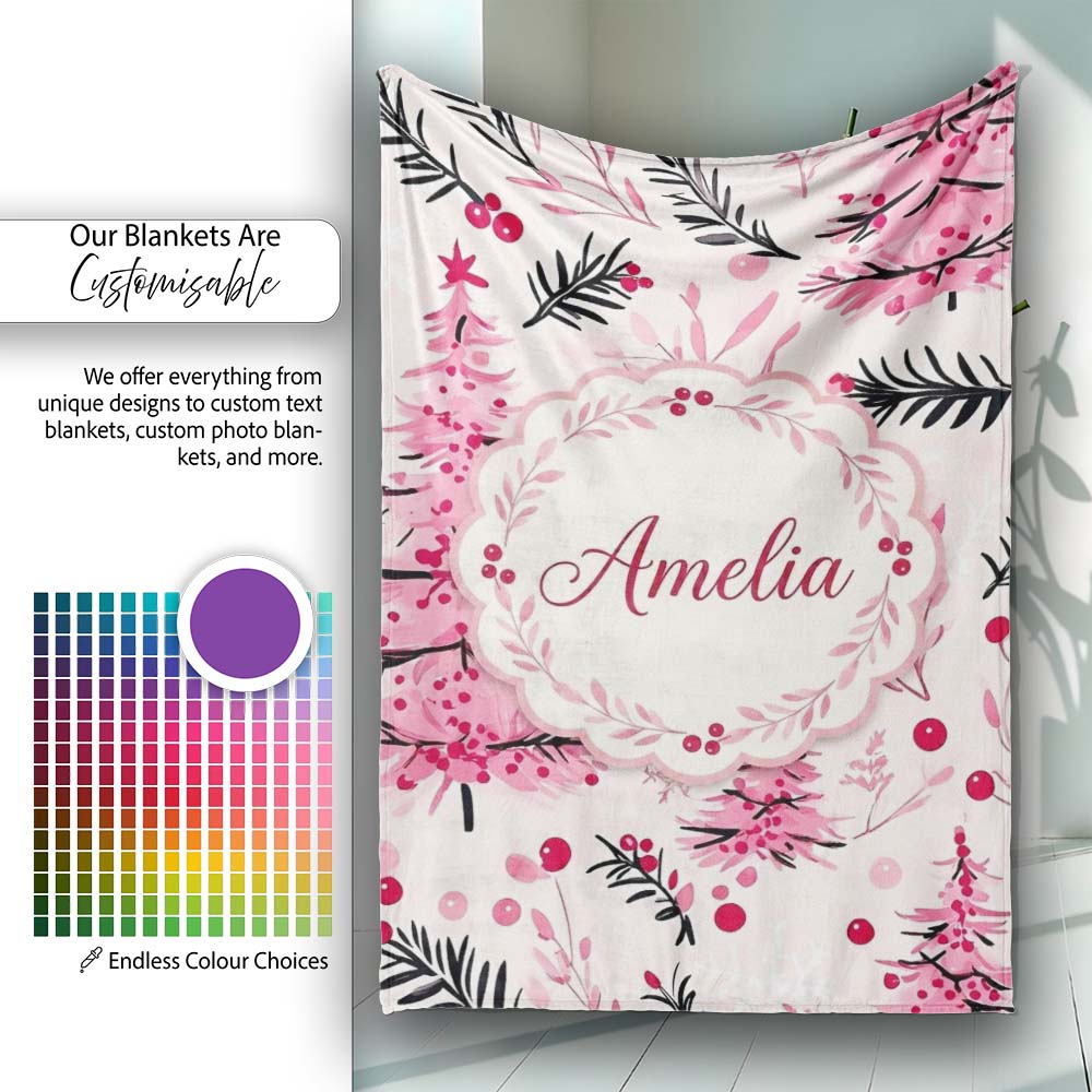 Watercolor Pink Christmas Tree Berry Branch Seamless Pattern Lovely Personalised Custom Name Super Soft Fleece Blanket Bed Sofa Throw