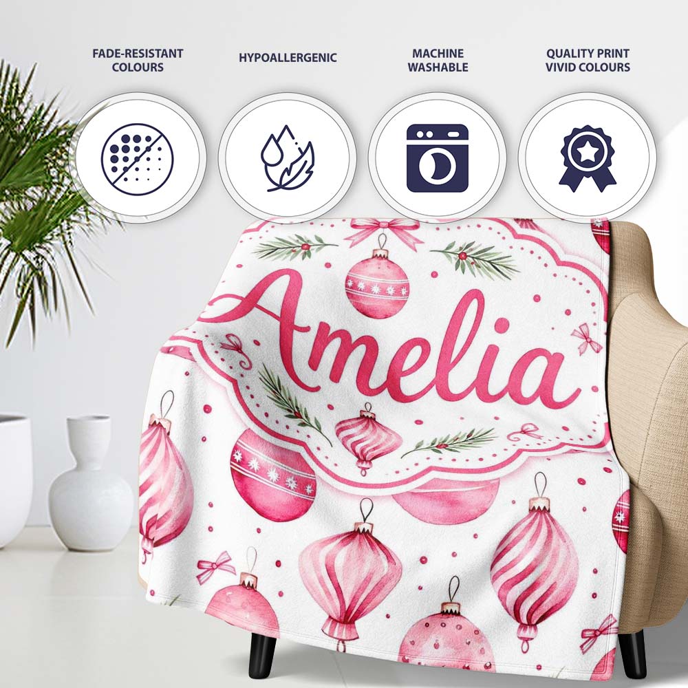Watercolor Pink Christmas Bauble Pine Branch Seamless Pattern Lovely Personalised Custom Name Super Soft Fleece Blanket Bed Sofa Throw