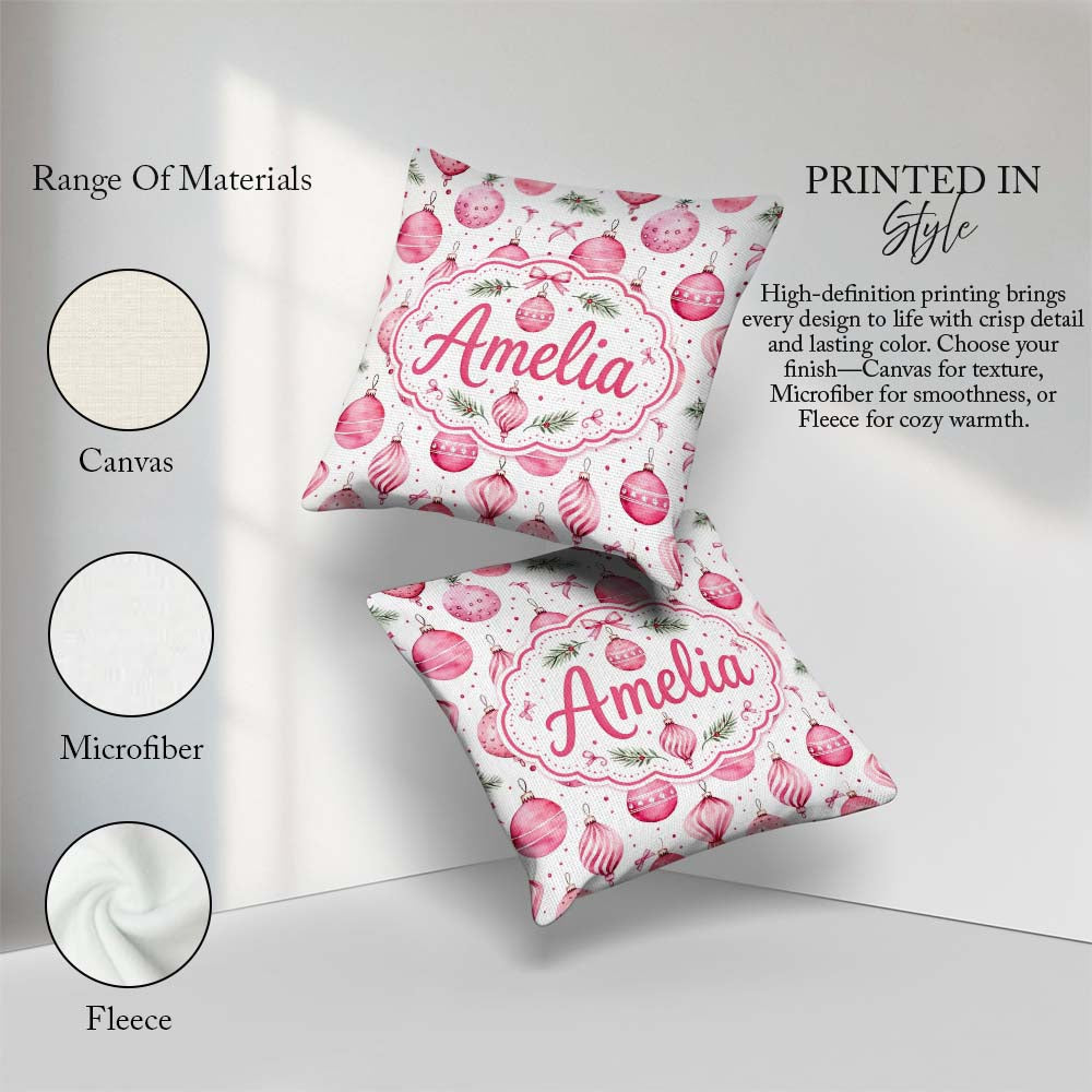 Custom Name Watercolor Pink Christmas Bauble Pine Branch Pattern Square Filled Cushion Throw Pillow Sofa Bed Home Decor Zip Washable UK Made