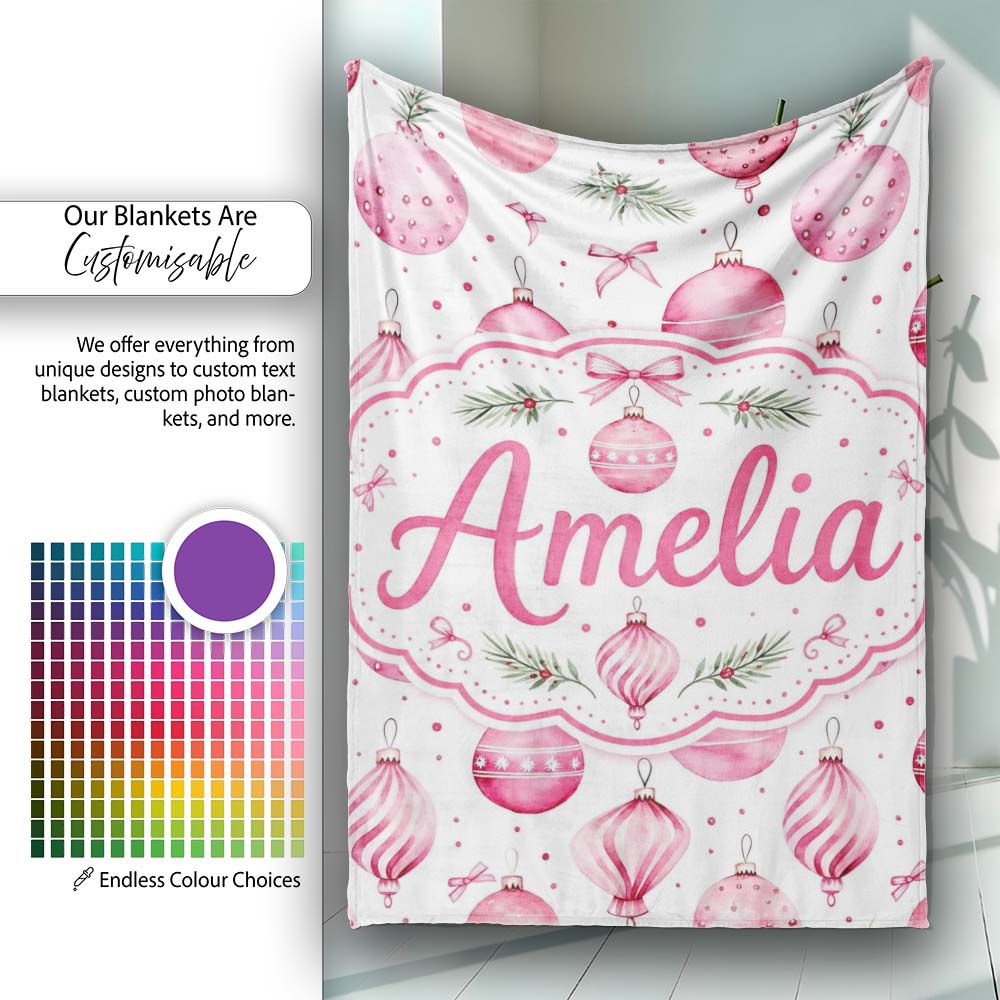 Watercolor Pink Christmas Bauble Pine Branch Seamless Pattern Lovely Personalised Custom Name Super Soft Fleece Blanket Bed Sofa Throw