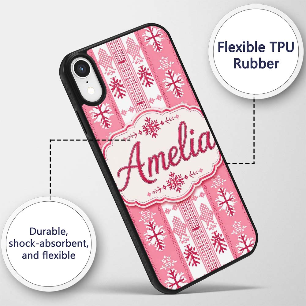 Scandinavian Pink Red Snowflake Nordic Seamless Custom Name Protective Phone Case Mobile Cover Durable Everyday Smartphone Shock Resistant