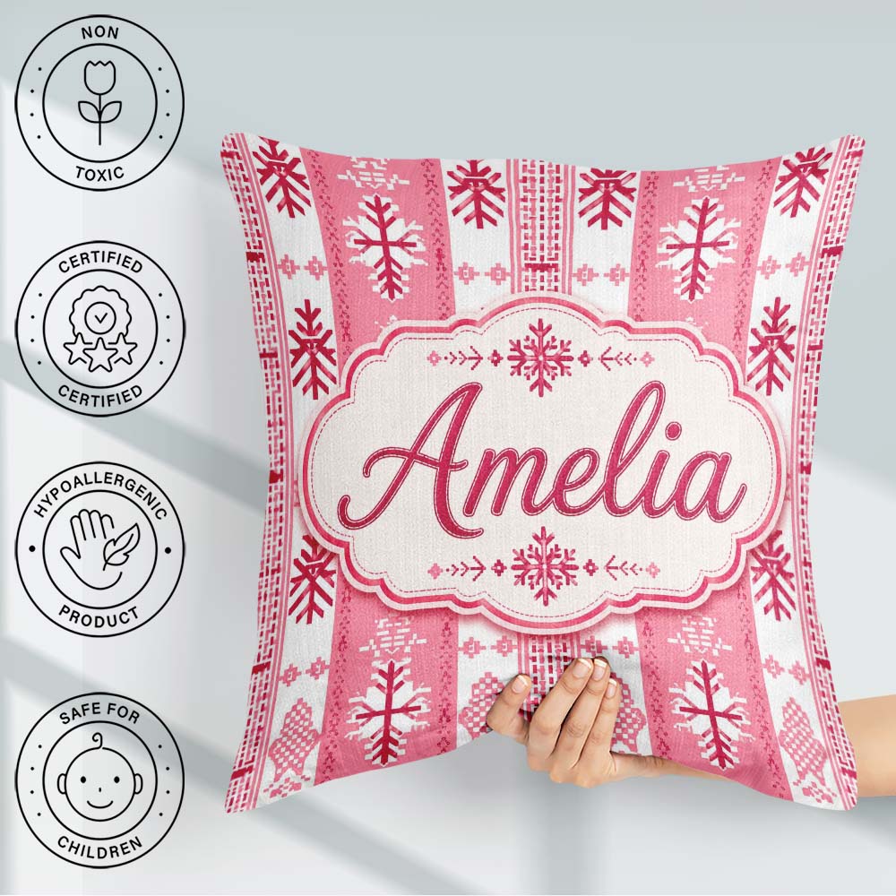 Custom Name Scandinavian Pink Red Nordic Seamless Pattern Lovely Square Filled Cushion Throw Pillow Sofa Bed Home Decor Zip Washable UK Made