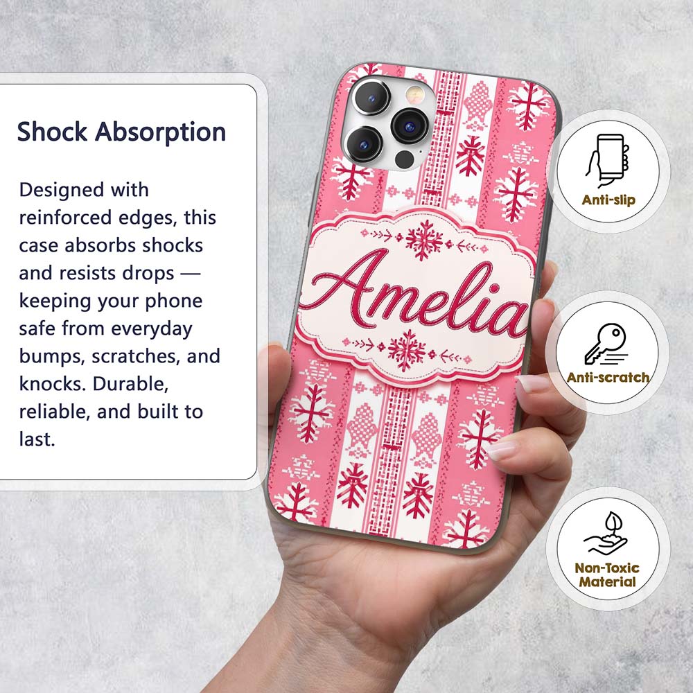 Scandinavian Pink Red Snowflake Nordic Seamless Custom Name Protective Phone Case Mobile Cover Durable Everyday Smartphone Shock Resistant