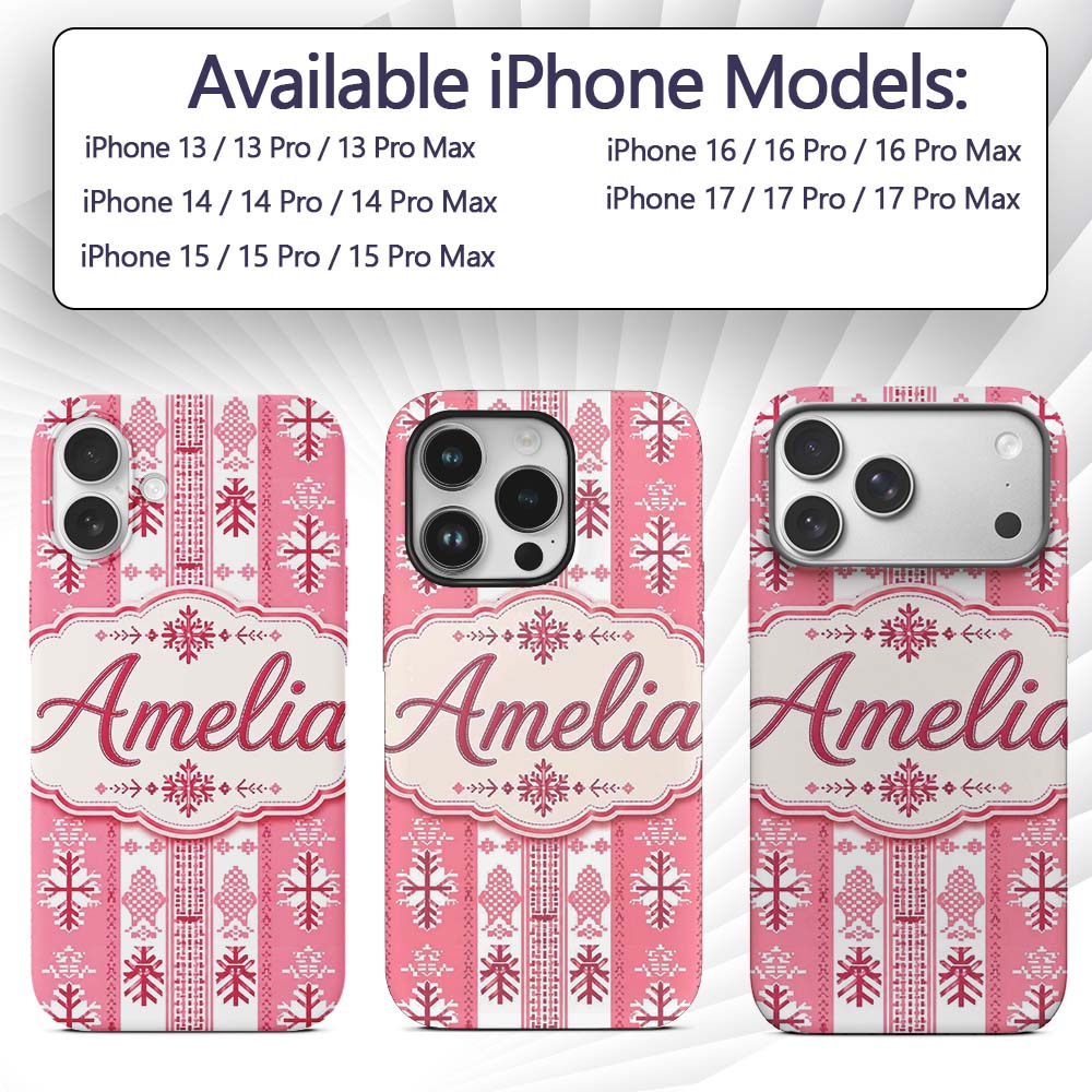 Scandinavian Pink Red Snowflake Nordic Seamless Custom Name Protective Phone Case Mobile Cover Durable Everyday Smartphone Shock Resistant
