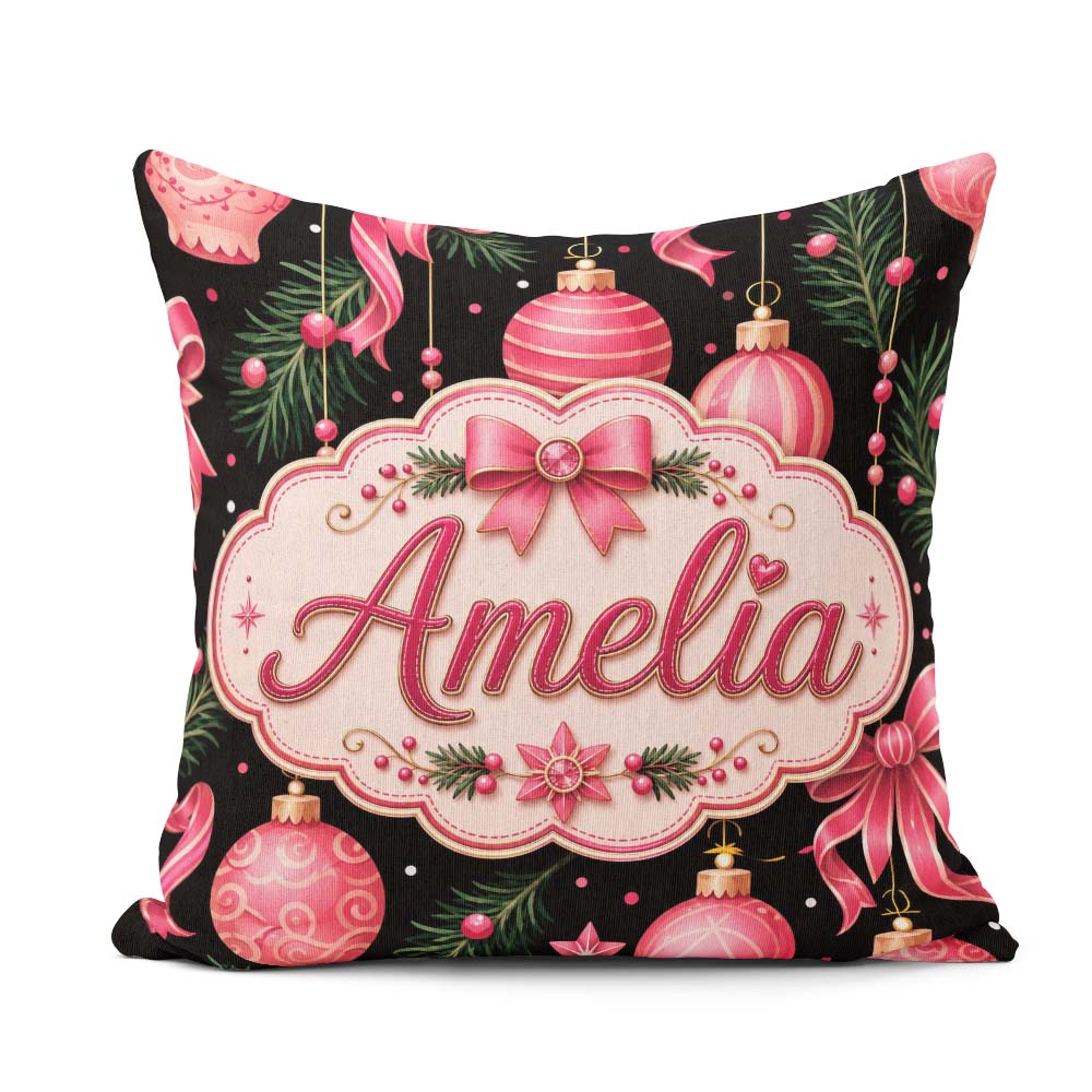 Custom Name Elegant Pink Christmas Ornament Ribbon Dark Seamless Square Filled Cushion Throw Pillow Sofa Bed Home Decor Zip Washable UK Made