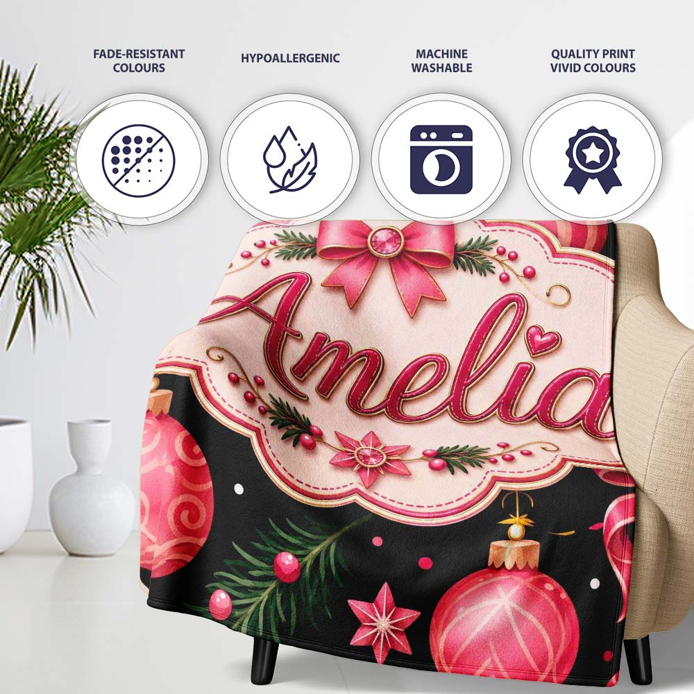 Elegant Pink Christmas Ornament Ribbon Dark Seamless Pattern Lovely Personalised Custom Name Super Soft Fleece Blanket Bed Sofa Throw