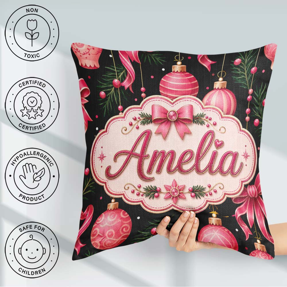 Custom Name Elegant Pink Christmas Ornament Ribbon Dark Seamless Square Filled Cushion Throw Pillow Sofa Bed Home Decor Zip Washable UK Made