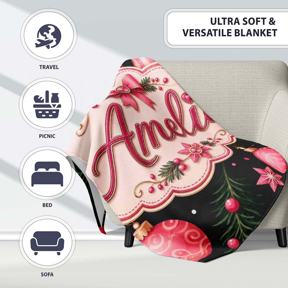 Elegant Pink Christmas Ornament Ribbon Dark Seamless Pattern Lovely Personalised Custom Name Super Soft Fleece Blanket Bed Sofa Throw