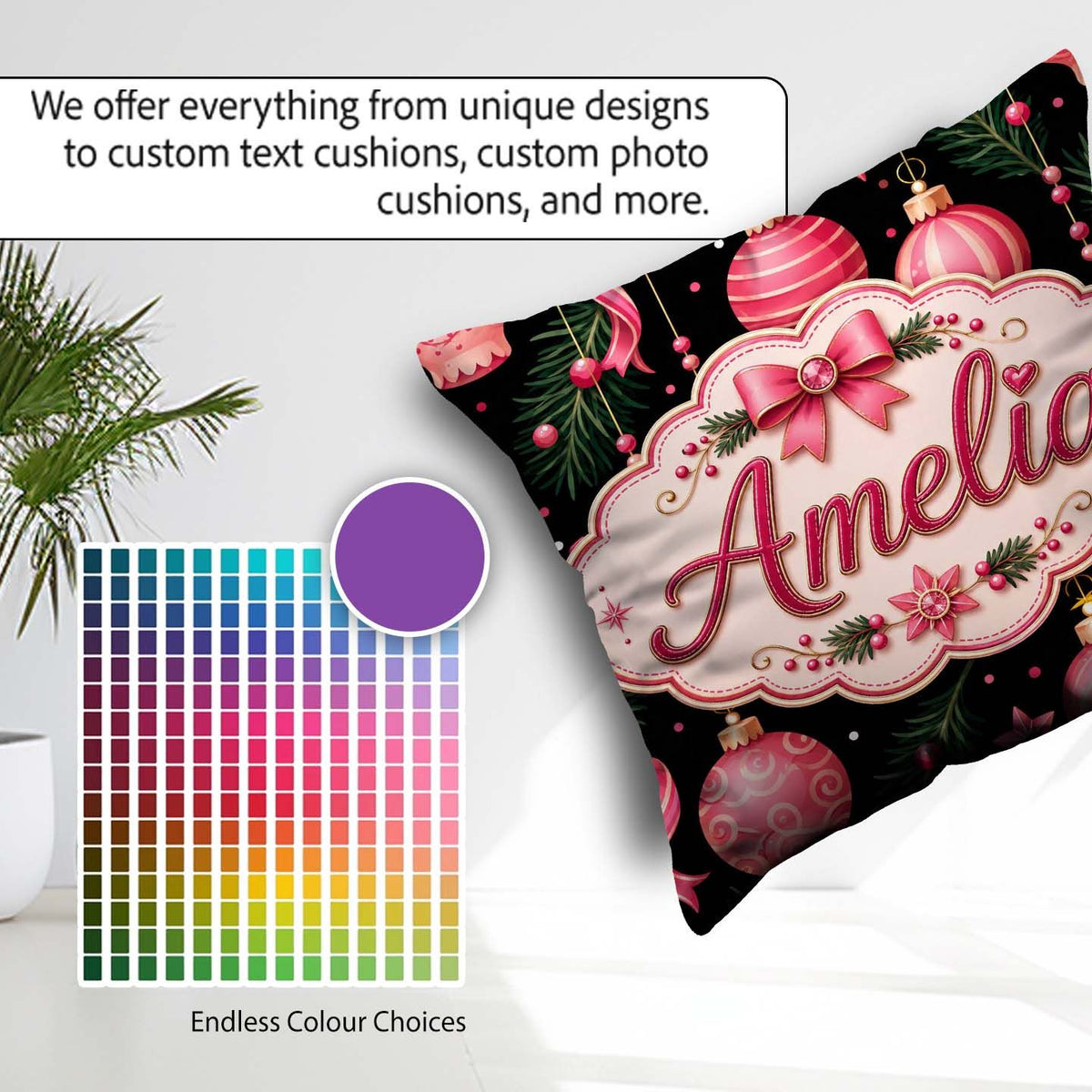 Custom Name Elegant Pink Christmas Ornament Ribbon Dark Seamless Square Filled Cushion Throw Pillow Sofa Bed Home Decor Zip Washable UK Made