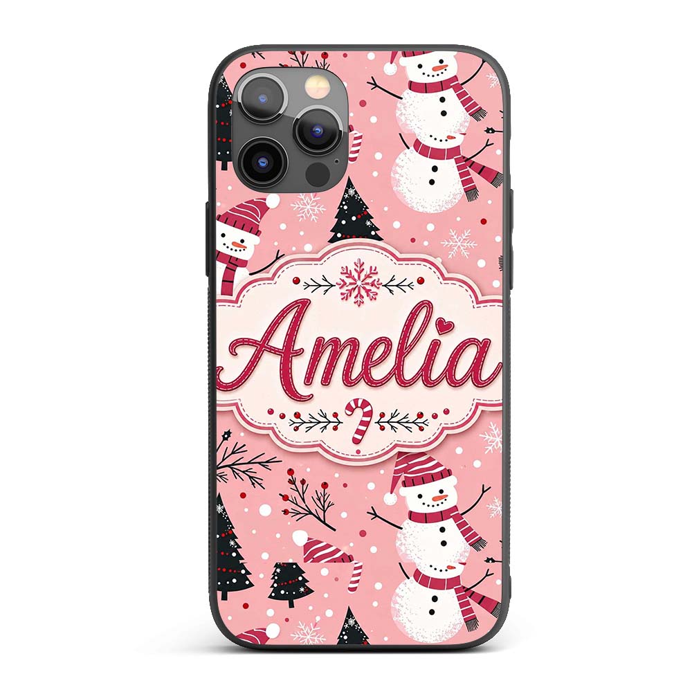Cute Snowman Candy Cane Christmas Tree Seamless Custom Name Protective Phone Case Mobile Cover Durable Everyday Smartphone Shock Resistant