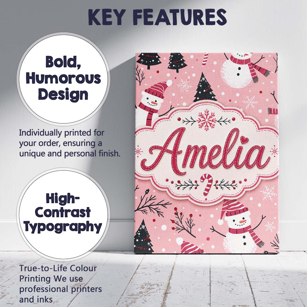 Personalised Name Cute Snowman Candy Cane Custom Unique Gift Idea Elegant Feature Canvas Wall Art Print Decor Picture Ready to Hang