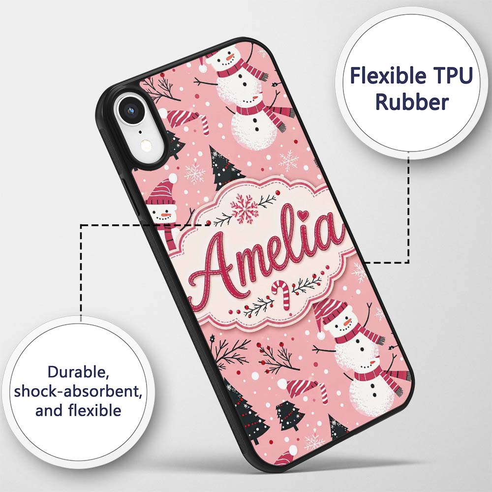 Cute Snowman Candy Cane Christmas Tree Seamless Custom Name Protective Phone Case Mobile Cover Durable Everyday Smartphone Shock Resistant