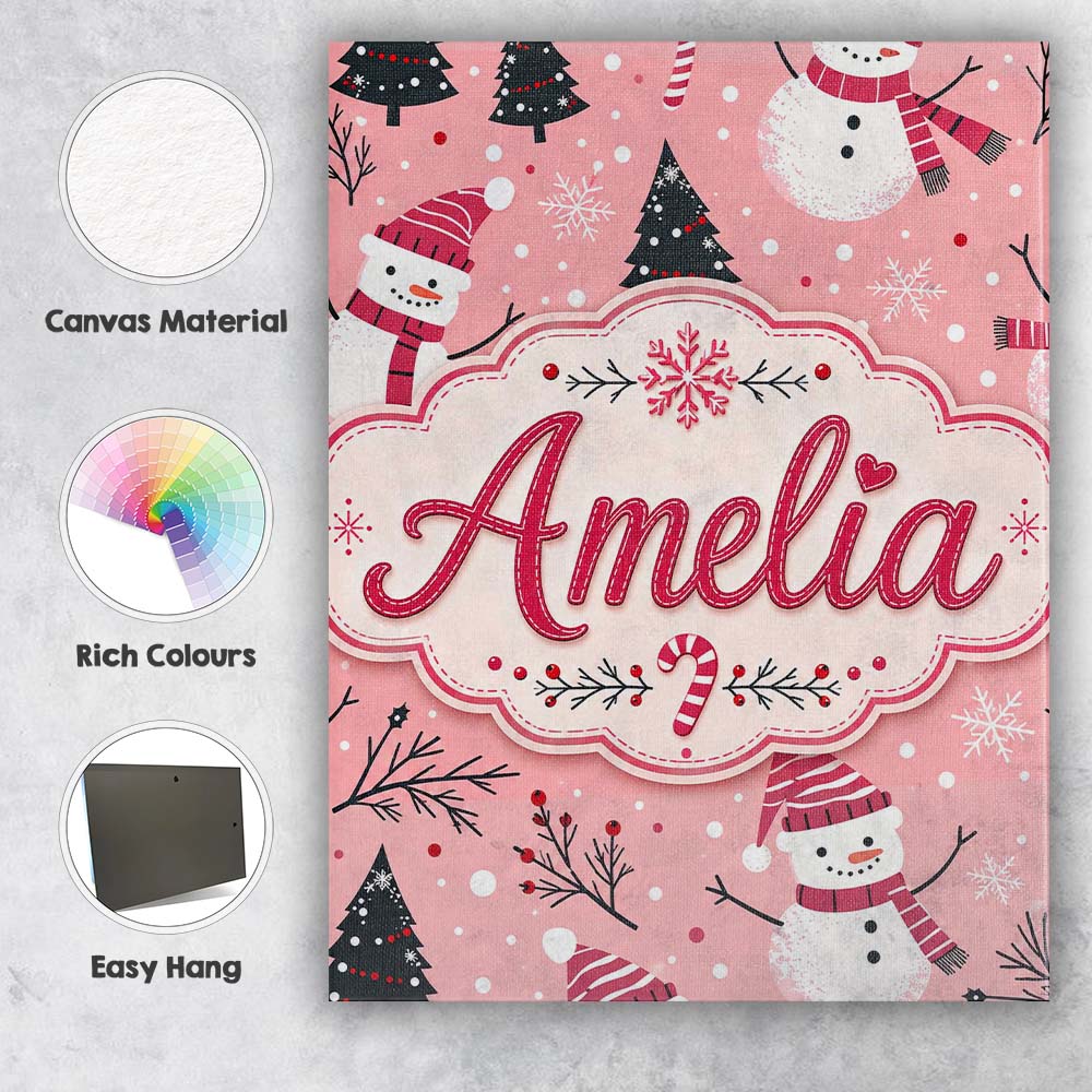 Personalised Name Cute Snowman Candy Cane Custom Unique Gift Idea Elegant Feature Canvas Wall Art Print Decor Picture Ready to Hang