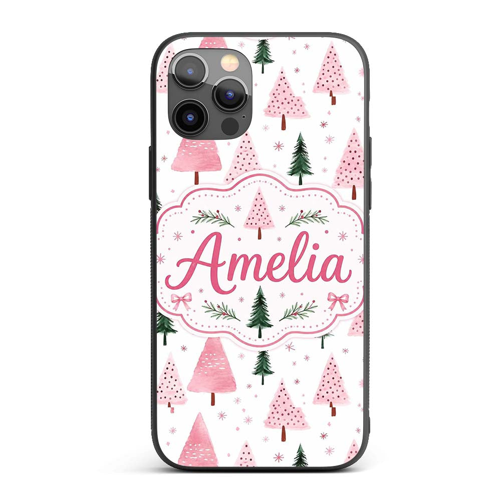 Minimal Pink Green Christmas Tree Snow Seamless Custom Name Protective Phone Case Mobile Cover Durable Everyday Smartphone Shock Resistant