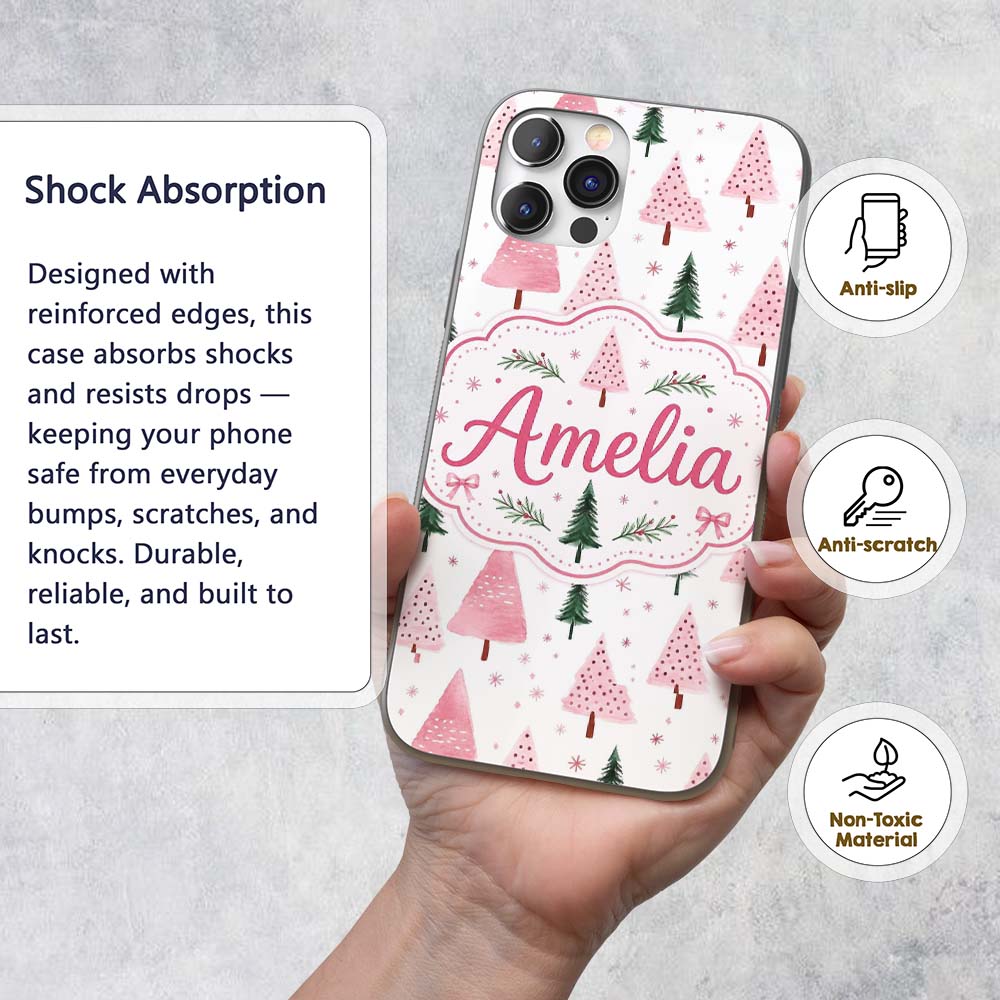 Minimal Pink Green Christmas Tree Snow Seamless Custom Name Protective Phone Case Mobile Cover Durable Everyday Smartphone Shock Resistant