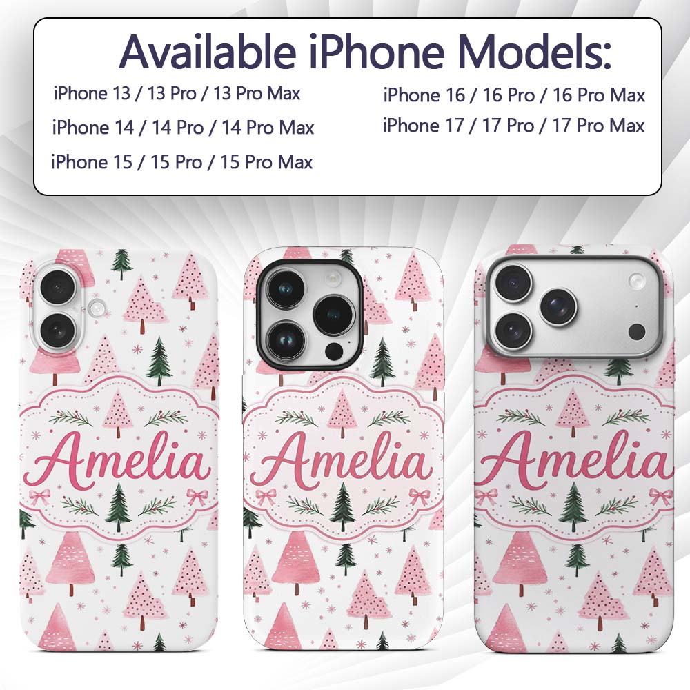 Minimal Pink Green Christmas Tree Snow Seamless Custom Name Protective Phone Case Mobile Cover Durable Everyday Smartphone Shock Resistant