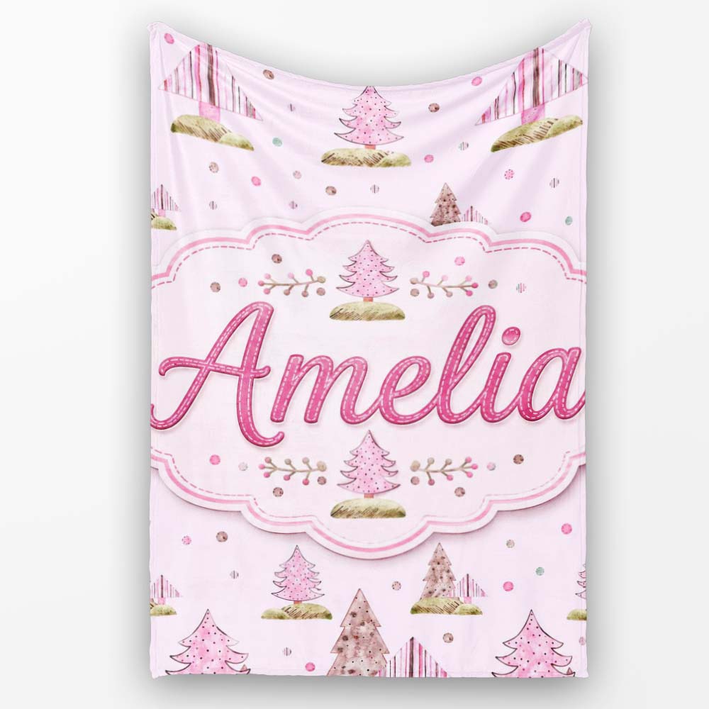 Watercolor Pink Winter Forest Tree Hill Seamless Pattern Lovely Personalised Custom Name Super Soft Fleece Blanket Bed Sofa Throw