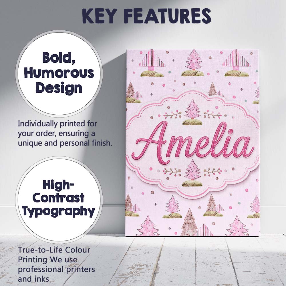 Personalised Name Watercolor Pink Winter Custom Unique Gift Idea Elegant Feature Canvas Wall Art Print Decor Picture Ready to Hang