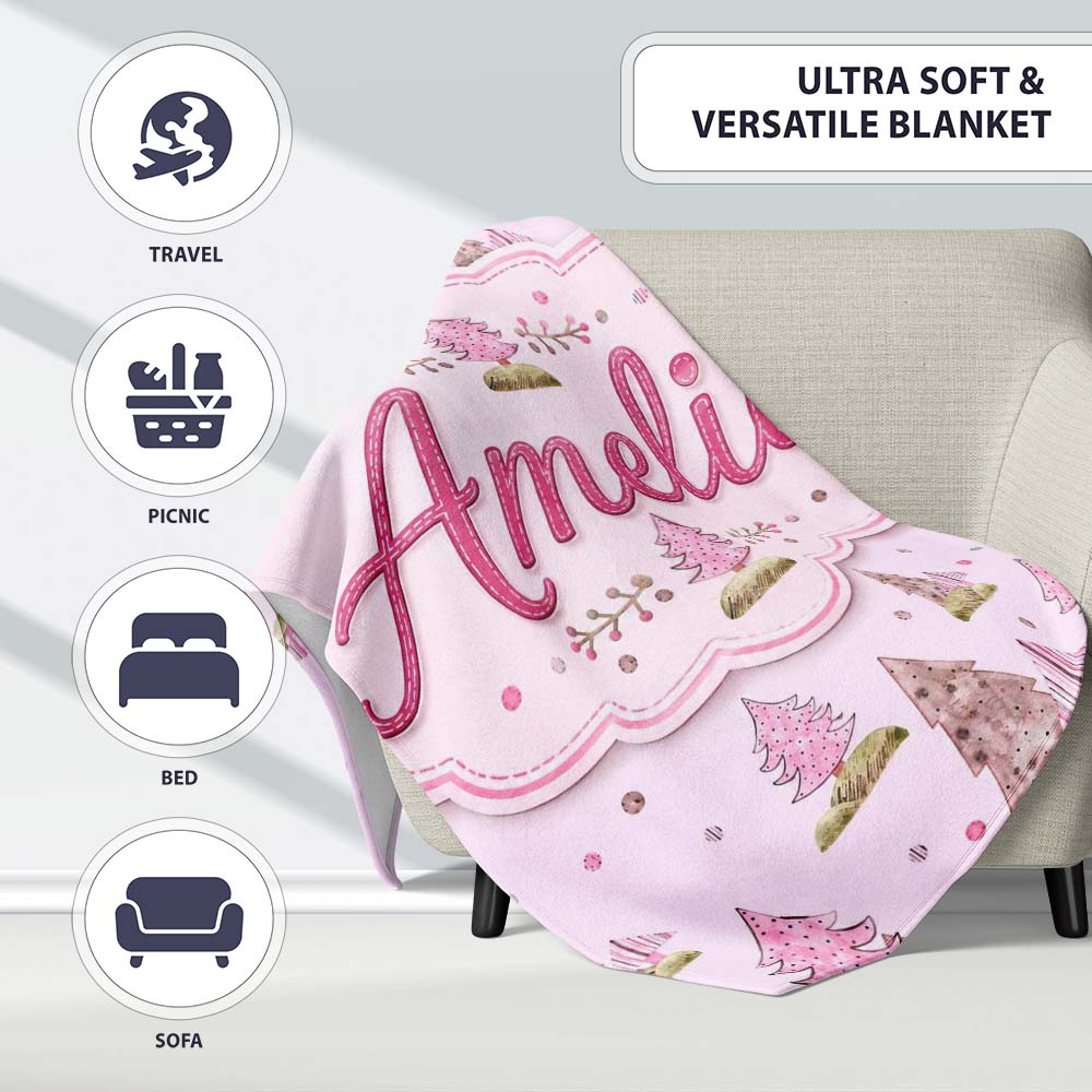Watercolor Pink Winter Forest Tree Hill Seamless Pattern Lovely Personalised Custom Name Super Soft Fleece Blanket Bed Sofa Throw