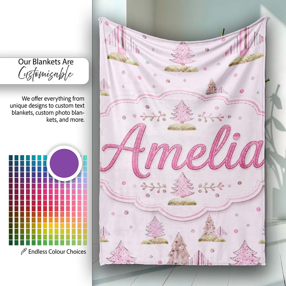 Watercolor Pink Winter Forest Tree Hill Seamless Pattern Lovely Personalised Custom Name Super Soft Fleece Blanket Bed Sofa Throw