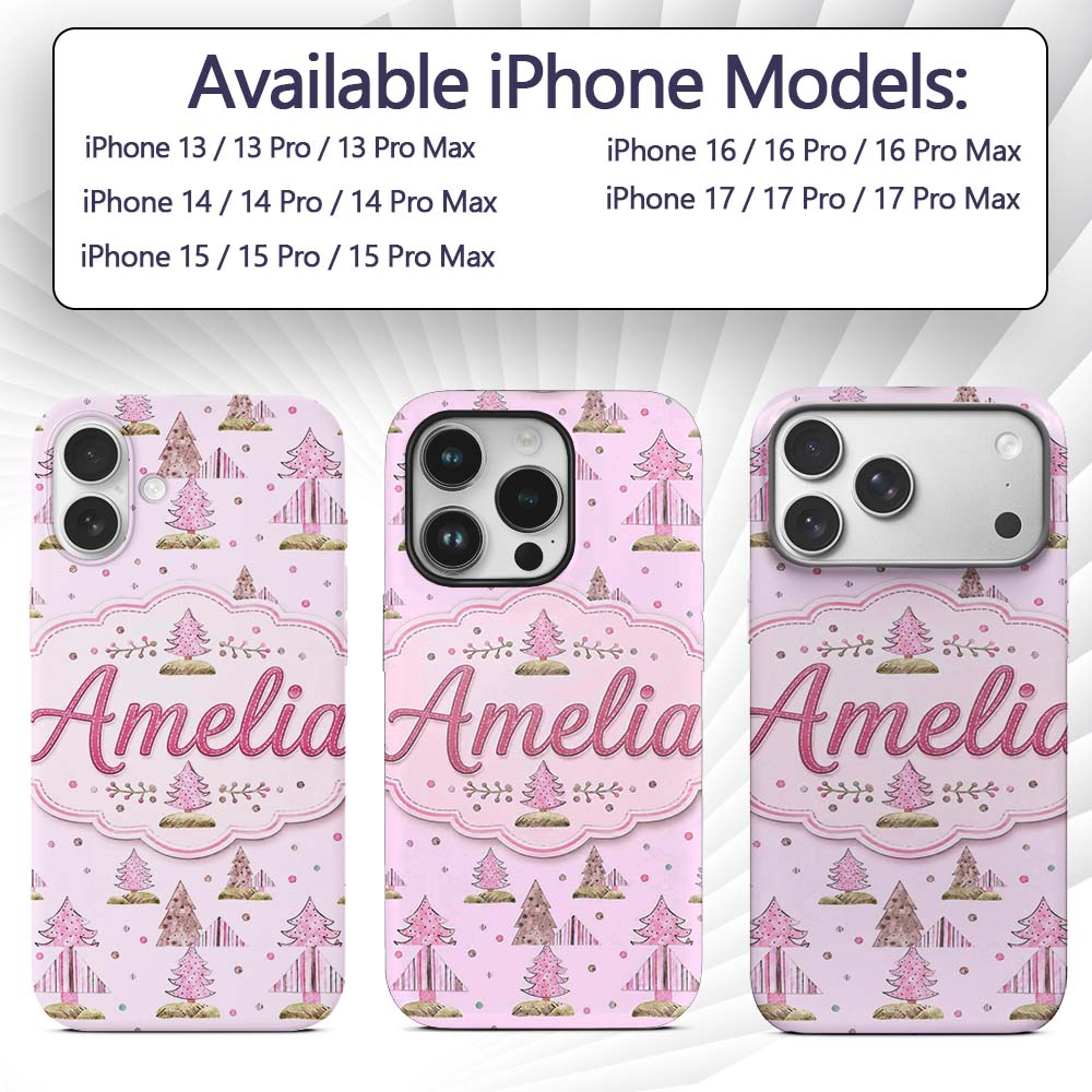 Watercolor Pink Winter Forest Tree Hill Seamless Custom Name Protective Phone Case Mobile Cover Durable Everyday Smartphone Shock Resistant